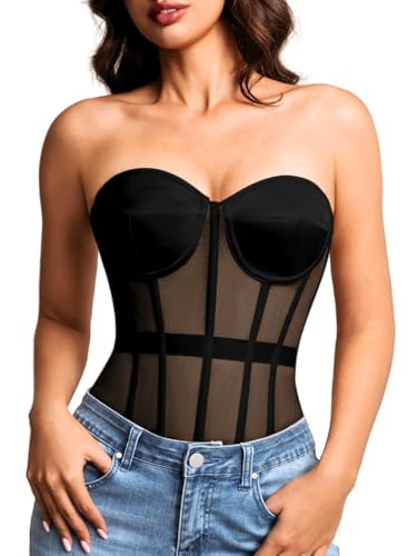 Kaei&Shi Sheer Mesh Overbust Corset,Sexy Strapless Lace Up Satin Bra Corsets Top For Women Going Out Black Large