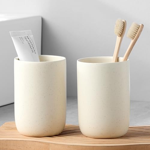 BSDISP Beige Toothbrush Holders for Bathrooms - 2 Cups Ceramic Toothbrush Toothpaste Holders Set, Beige Bathroom Tumbler Cups Reusable Toothbrush Mouthwash Cup, Bathroom Counter Organizer