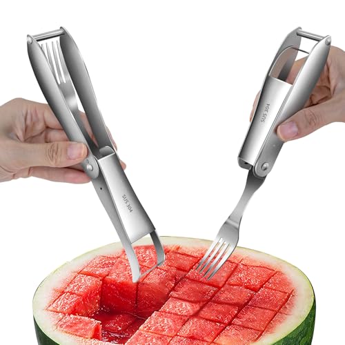 CripsTaste 2 Pack Watermelon Cutter with Retractable Fork, 2-in-1 Stainless Steel Fruit Cutter Watermelon Cutter Slicer Tool, Melon Slicer Cutter Tool for Home Party Camping Kitchen Gadget