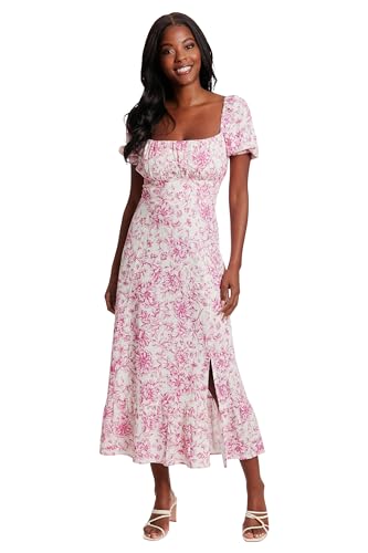 London Times Women's Petite Puff Sleeve Square Neck Empire Smocked Back Midi Dress, Ivory/Bright Fuschia, 4