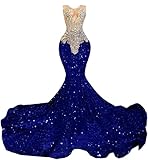 Women's Sleeveless Mermaid Sparkly Prom Evening Dress Beaded Sequin Pageant Celebrity Gala Party Celebrity Pageant Gown Royal Blue