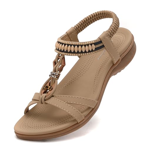 Littleplum Womens Flat Sandals Arch Support Summer Beach Sandals Comfort Walking Shoes Dress Ankle Elastic Bohemian Sandals for Women Apricot Size 10