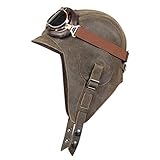 Leather Aviator Hat, Real Vintage Brown Leather Helmet, Pilot Cap, Men/Women, Simon Model (XLarge, Hat with Goggles)