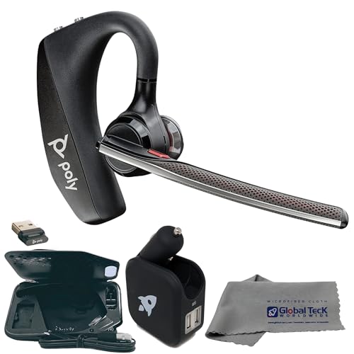 Plantronics Voyager 5200 Bluetooth Headset Bundle - Noise Canceling Wind Blocking Mic for Calls, Zoom Meetings, 6 Hours Rechargeable Battery, Travel Charging Case Included 203500-101, GTW Cloth