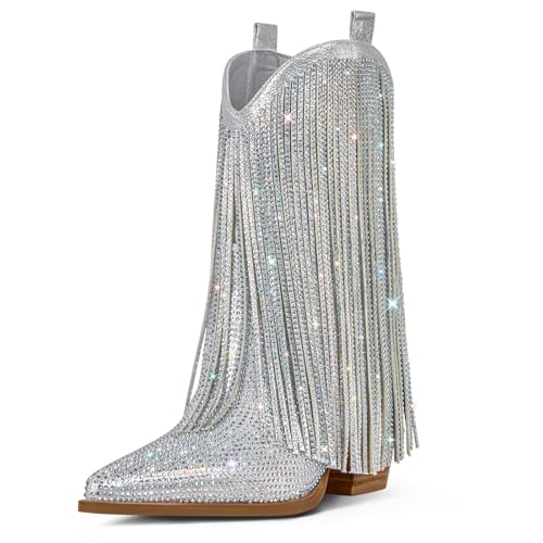 Ouepiano Cowboy Boots for Women - Cowgirl Rhinestone Boots with Sparkly Fringe Pointed Toe Western Boot Chunky Heel Pull-On Wide Calf Silver Botas Vaqueras Size 8