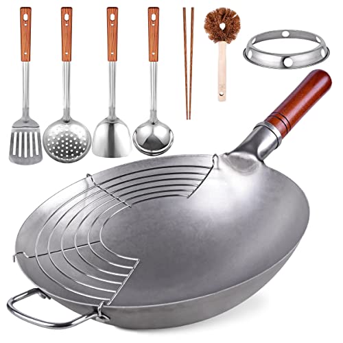 Teewe Carbon Steel Wok Traditional Hand Hammered - 13.4" Chinese Woks Round Bottom Wok Pan Set with 8 Pcs Cookware Accessories