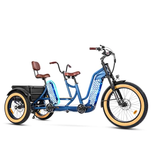 ADDMOTOR M380 Electric Tandem Tricycle, Torque Sensor, 750W Rear Drive 3-Wheel Electric Bike with Dual-Battery System, 130 Miles of Range, 48V 20Ah Battery E-trike with Differential for 2 Riders, Blue