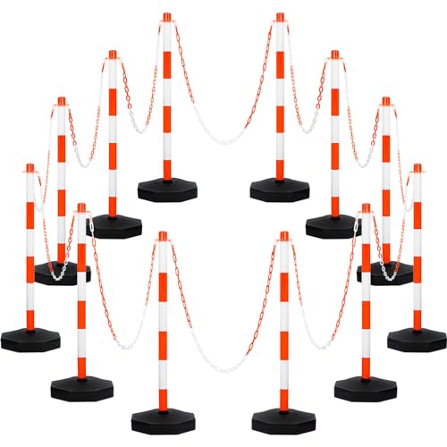Amylove 12 Packs Traffic Delineator Post Cone with Base, Traffic Cones Safety Cones Caution Cones Plastic Stanchion Chain Safety Barriers with 6.6 Feet Link Chain and S Hooks for Parking Lot (Orange)