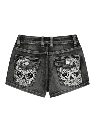 SOLY HUX Women's Y2k Denim Shorts Grunge Punk Low Waist Skinny Mini Jean Shorts Streetwear Black Graphic Medium