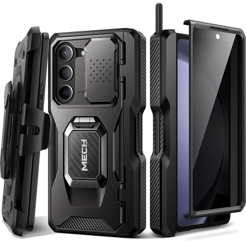 TONGATE for Z Fold 5 Case with Ring Stand, Built-in S Pen Holder & Glass Screen Protector Shockproof Rugged Z5 Phone Case with Slide Camera Cover& Belt Clip for Samsung Galaxy Z Fold 5, Privacy Black