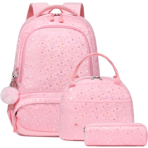 Kimwadalh Pink Star Girls Backpack Set, 3PCS Soft Plush School Backpack with Lunch Bag and Pencil Case for Girls, Ages 3-5