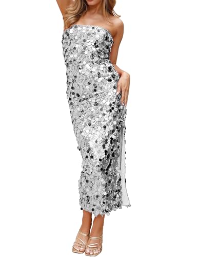 YYA Women's Midi Strapless Dress Sequin Strappy Bodycon Party Dress Sparkly Glitter Ruched Party Club Dress Silver S