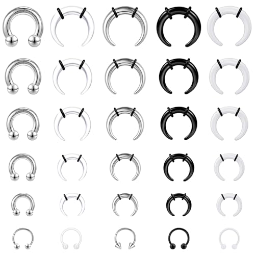 ONESING 30Pcs Septum Pincher Tapers 16G-6G Acrylic Stainless Steel Septum Stretching Kit Internally Threaded Spike Horseshoe Pincher Septum Rings Ear Cartilage Nose Stretch Kit for Women Men