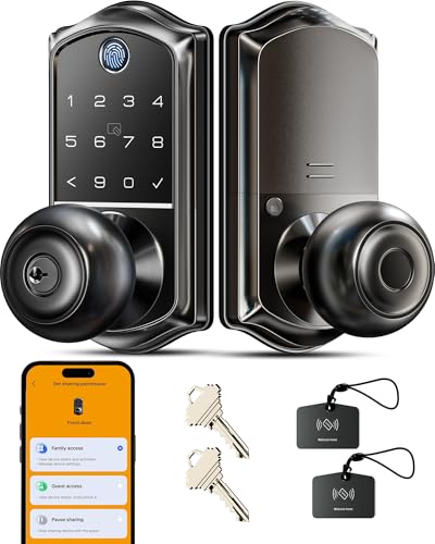 Veise VE018 Smart Knob Handle Lock - Fingerprint, App Control, Keyless Entry Front Door Lock, Electronic Digital Keypad, Auto-Locking, Remote Access Sharing, IP55 Weatherproof, Matte Black