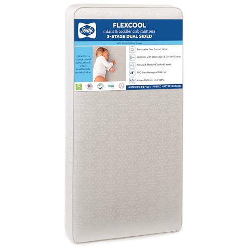 Sealy Baby Flex Cool 2 Stage Breathable Crib Mattress with Toddler Bed Fit, Waterproof & Airy Cotton Cover, 204 Premium Coils, GREENGUARD Gold Certified, Safety & Quality Tested, Made in USA, 52x28"