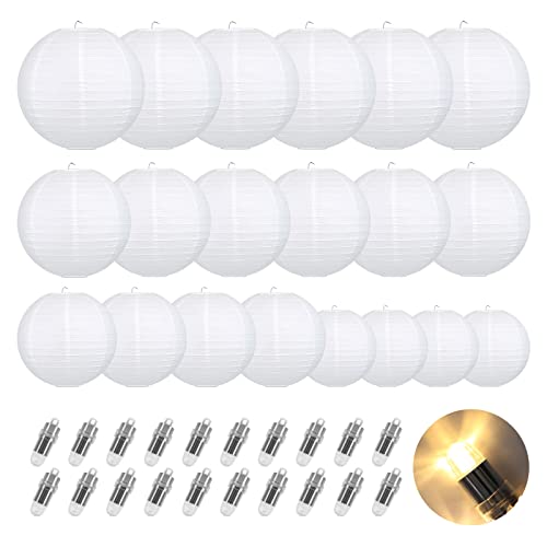 LIHAO 20PCS White Paper Lanterns with Lights, Round Hanging Chinese Lanterns Decorative for Wedding Anniversary Birthday Party Home Decor(Size of 6”, 8”, 10”, 12”)