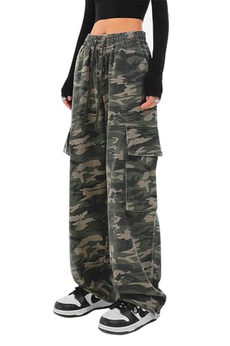 SESERAGI Cargo Pants Women Baggy Streetwear Y2K Drawstring Trousers Wide Leg Pants Camouflage M