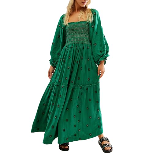 Chloefairy Women's Flower Embroidered Maxi Dress Lantern Sleeve Square Neck Tiered Flowy Spring Fall Dress (US, Alpha, Small, Regular, Regular, Dark Green)