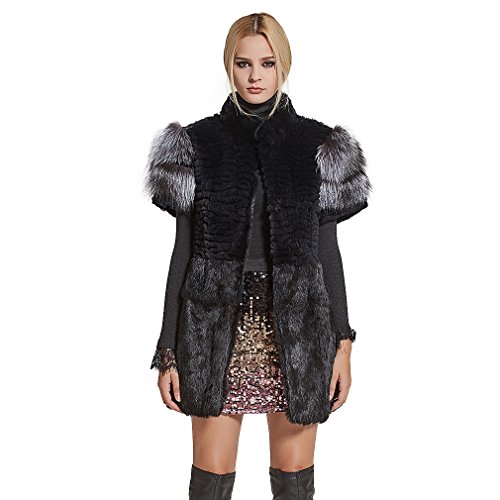 Women's Genuine Rabbit Fur Vest with Fox Fur Cuffs Winter Coat(Short Sleeves,12)