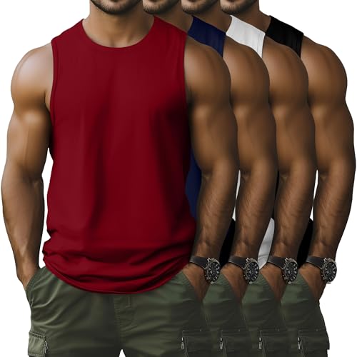 Locoowai 4 Pack Men's Sleeveless Tank Tops, Cotton Crew Neck T Shirts Casual Classic Shirts Workout Muscle Gym Solid Tees(Black, Navy Blue, Burgundy, White,X-Large)