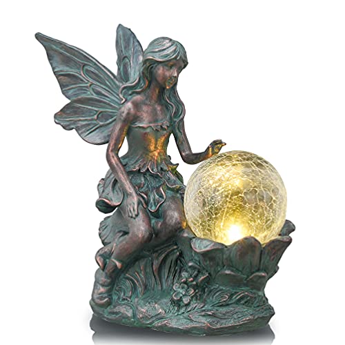 TERESA'S COLLECTIONS Fairy Garden Statues with Solar Outdoor Light for Outdoor Decor, Fairy Christmas Decorations Garden Decor Resin Sculptures with Crackle Glass Globe,Gifts for Mom Yard Decor,11.8"