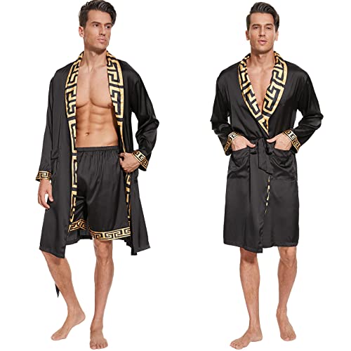 N&D Eyong Men's Luxurious Silk Bathrobes Long Sleeve Satin Kimono Robe with Shorts Sleepwear Set Printed Bathrobes (3X-Large)