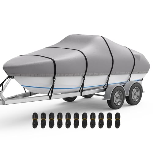 RVMasking Boat Cover, Ultra-Thick 1400D Polyester Canvas with Double PU Waterproof Coating, Fits 17-19ft Tri-Hull, V-Hull, Runabout, Fish & Ski Boat, Bass Boat, Gray