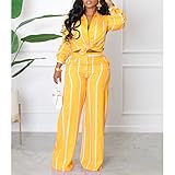 Elainone 2 Piece Outfits for Women Pants Sets Sexy Yellow Stripe Long Sleeve Button Down Shirt Wide Leg Long Pants with Pockets Brunch Matching Sets Sexy 2 Pc Sets Dressy Fall Winter Outfits