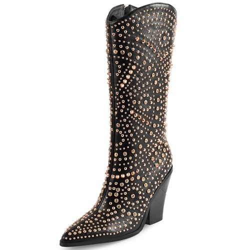 iiimmu Calf High Boots for Women Black Pointed Toe and Chunky Heel Boots Luxurious Studded Mid Calf Boots with Side Zipper, Studs, Rhinestones, Size US 9.5