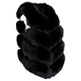 BOONJOVIA Women's Genuine Fox Fur Vest Sleeveless Coat Thick Warm Winter Fluffy Fur Jacket Short (US, Numeric, 10, Regular, Regular, Fox Fur Black)