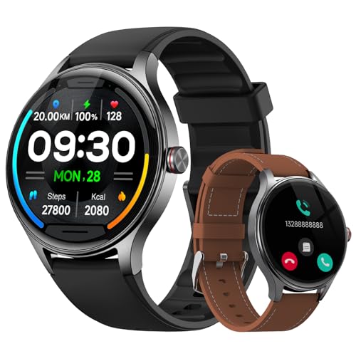 Fitpolo Smart Watches for Men/Women (2 Bands), 1.27" Round Smartwatch Fitness Tracker with Bluetooth Calls (Make/Answer), Heart Rate/SpO2/Sleep Monitor, 7 Days Battery, IP68 Waterproof - Black