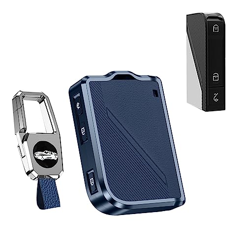 HIBEYO for LYNK CO 05 06 Key Fob Cover Protect for LYNK CO 05 06 Smart Key Accessories Key Shells with Keychains Aluminium and Genuine Leather Material-Blue