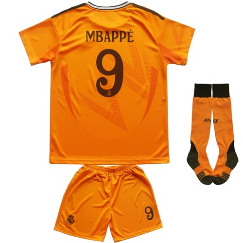 ORGBRAIN 2024/2025 Madrid Away #9 New Football Soccer Kids Jersey Shorts Socks Set Youth Sizes (Orange, 20)