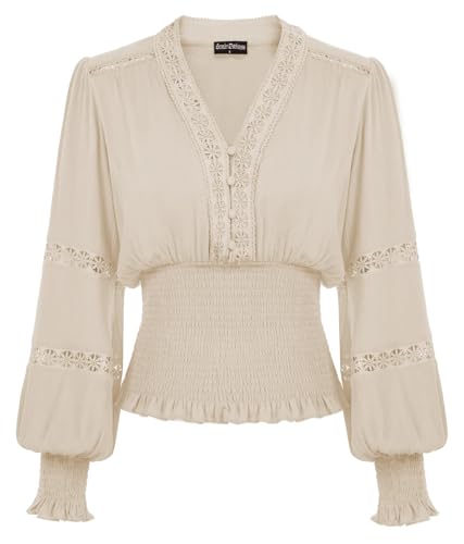 Women's Renaissance Peasant Blouse Smocked Waist Boho Shirts Pirate Tops Beige Medium