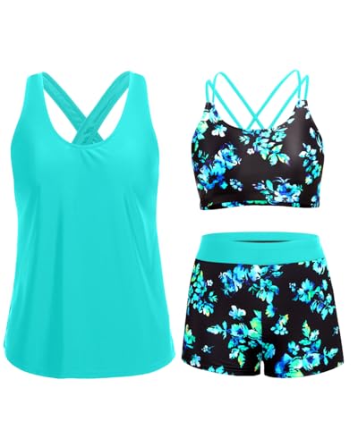 Holipick Aqua and Blue 3 Piece Tankini Swimsuits for Women Tummy Control Bathing Suits Swim Tank Top with Bra Boy Shorts Teen Swimwear XL