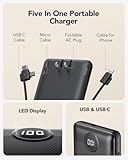 Portable Charger Built-in Cables and AC Wall Plug, USB C Power Bank 10000mAh, [2023 Upgraded Version] VRURC Phone Charger Compact Lightweight External Battery Pack for Smart Phones, Tablets-Pure Black