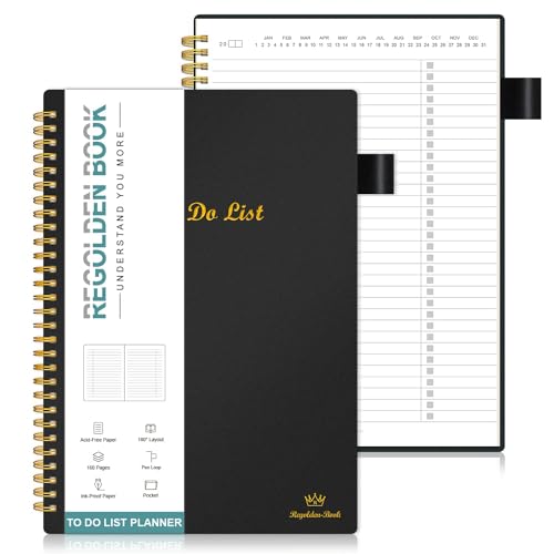 Regolden-Book To Do List Notebook, Daily Planner for Work, Project Tasks & Personal Organizer, Checklist Man/Women, Pocket, Pen Loop, 160 Pages (7"x10")