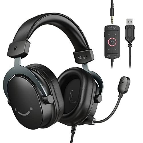 FIFINE PC Gaming Headset, USB Headset with 7.1 Surround Sound, Detachable Microphone, Control Box, 3.5mm Headphones Jack, Over-Ear Wired Headset for PS5/Xbox/Switch, Black-AmpliGame H9