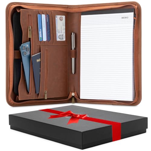 Forevermore Portfolios Padfolio Binder - Professional Faux Leather Travel Organizer Pouch for Tablet, Documents, Presentation Folders, Zipper Closure, Notepad - Brown