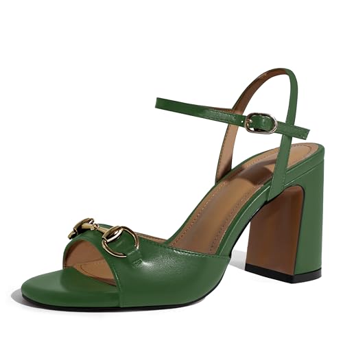 iadore Women Fashion High Block Heel Shoes Strappy with Buckle Fashion Studded Round Open Toe Summer Dress Sandals green 10 US