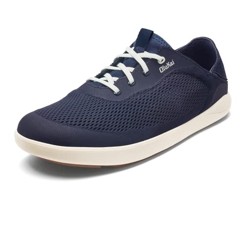 OLUKAI Moku Pae Men's Boat Shoes, Water Resistant & Breathable Mesh, Easy Slip On Design, Quick-Drying & Enhanced Traction, Trench Blue/Off White, 12