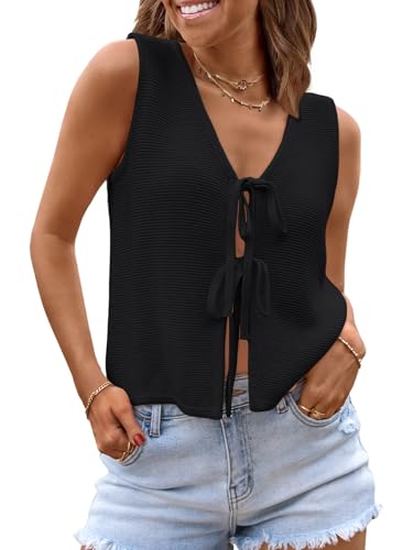 LILLUSORY Womens Crochet Tops Ladies Summer Vacation Outfits Beach Fashion Tank Y2K 2025 Cute Clothes Tie Front Sweater Vest Black L