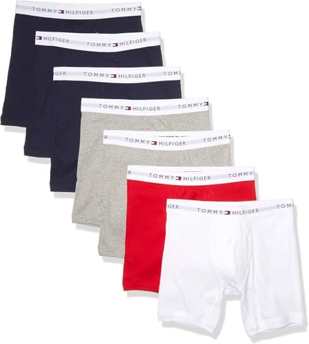 Tommy Hilfiger Mens Underwear Cotton Classics Megapack - Amazon Exclusive Boxer Briefs, 3 Navy, 2 Grey Heather,1 Red, 1 White, Medium US