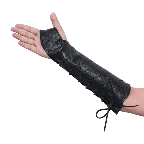 Lord of Battles Medieval Archer Genuine Leather Bracer with Thumb Loop | Single Handed Bracer with Functional Arm Protection (Right Hand) Black