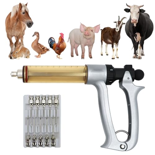 50ML Livestock Syringe Gun, 5 Gears Adjustable Continuous Injection Gun Semi Automatic Vaccine Syringe with 10 Needles, for Chickens, Ducks, Goose, Pig Bull Sheep, Poultry