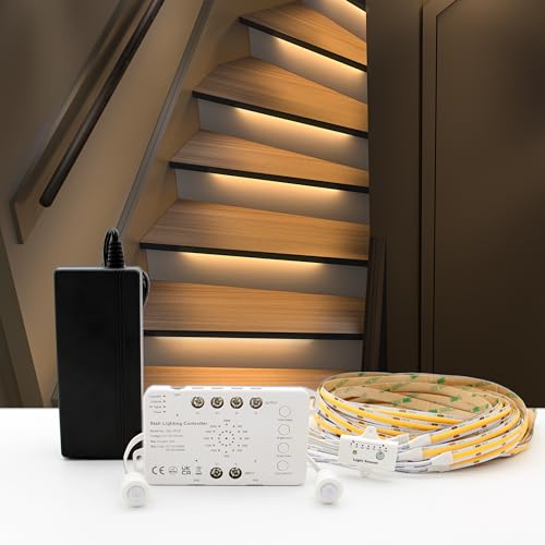 RWOFNIA Motion Sensor with Daylight Sensor Sync Light Up Type LED Stair Lighting Kit SSL-0516, Suilt for 20-40inches Wide Indoor Staircase (Warm White 3000K, 8 Stairs)