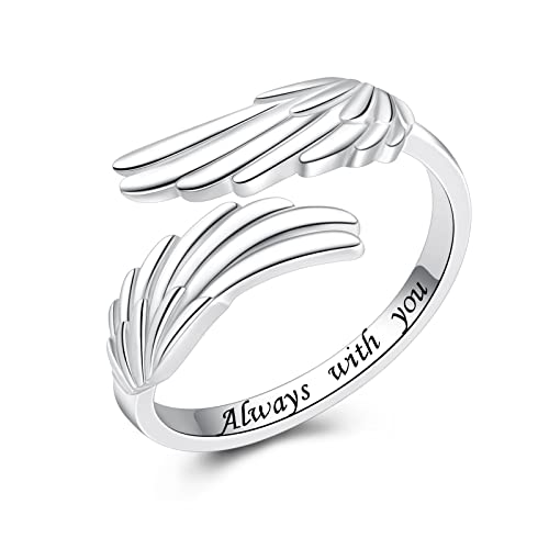 YLT 925 Sterling Silver Feather Angel Wings Ring Adjustable Dainty Wrap Open Thumb Rings for Women