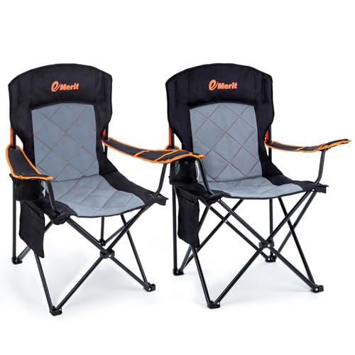 EMERIT 2 Pack Oversized Padded Camping Chair, 350LB Heavy Duty Quad Fold Chair with Arms, Collapsible Outdoor Chairs with Lumbar Back & Cup Holder