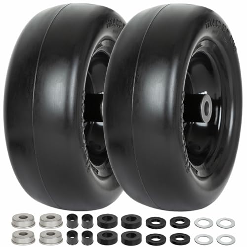 WEIZE Universal Fit 11x4.00-5 Flat Free Tire and Wheel Assembly, Zero Turn Lawn Mower Replacement Tires, 3.4"-4"-4.5"-5" Centered Hub, 3/4" or 5/8" or 1/2"Bushings, Adapter Kit included, Set of 2