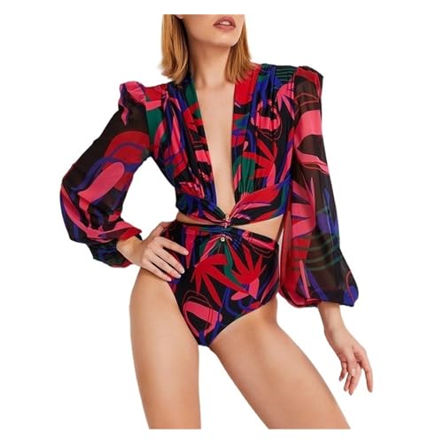 YJKJHAIG Women's Swimwear V-Neck One Piece Swimsuit Europe and America Bikini Women's Swimwear Printed Swimsuit (Color : 1, Size : X-Large)